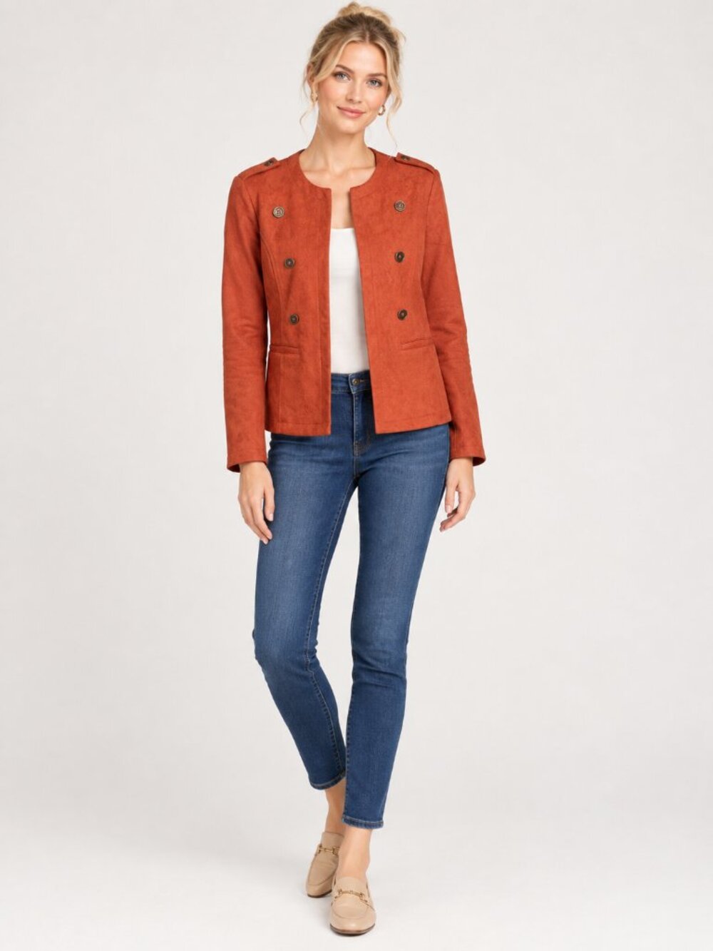 T TAHARI Faux Suede Leather Open-Front Collarless Jacket Burnt Orange 12 #A4658